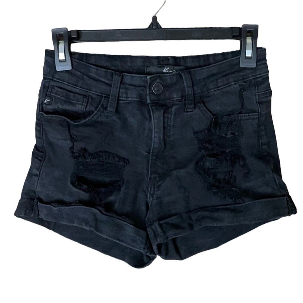 Kancan Destroyed Jean Shorts Cuffed Hem Black Denim Size 5 26